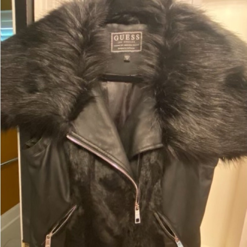 Guess Black Leather Moto Jacket with Faux Fur Collar